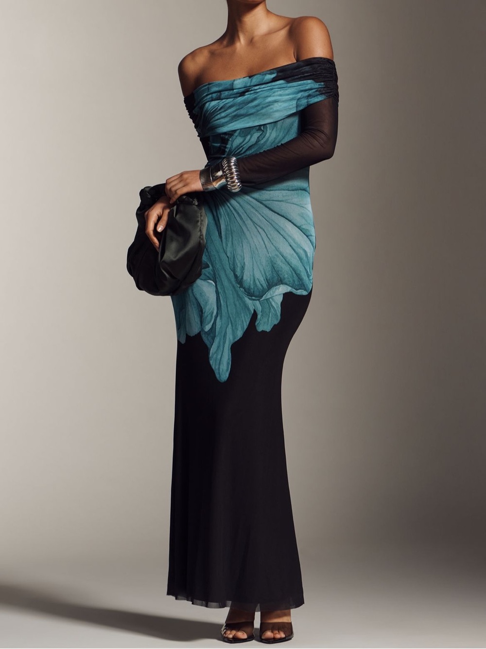 AFRM Long-Sleeve Off-The-Shoulder Black and Blue Floral Mesh Maxi Dress Elegant